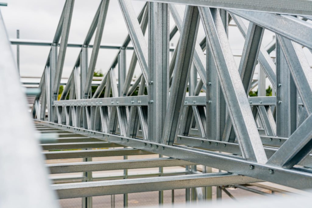 Close up shot of steel truss and framing. VIP Frames and Trusses